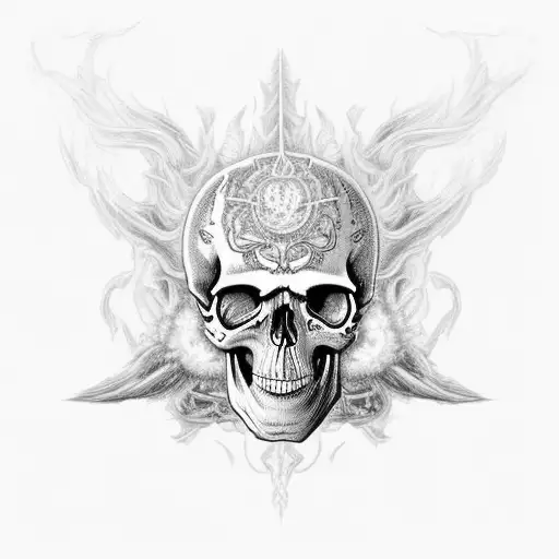 A realistic skull engulfed in ethereal blue flames, with intricate details and shading, and the text 'Didsbury Deathbringers' incorporated into the flames in a stylized manner tattoo design idea