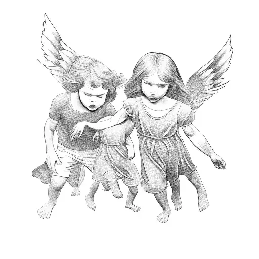 man with 3 child angels tattoo design idea