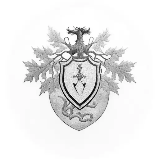 shield with 3 hearts and an oak branch tattoo design idea