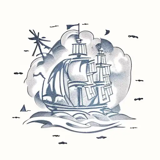 sword wielding pirates attacking an island for treasure as their ships burn tattoo design idea