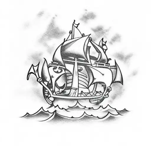 sword wielding pirates attacking an island for treasure as their ships burn tattoo design idea
