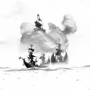 sword wielding pirates attacking an island for treasure as their ships burn tattoo design idea