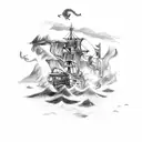 sword wielding pirates attacking an island for treasure as their ships burn tattoo design idea