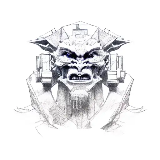 humanoid gargoyle standing. full body picture. human face and features. wearing baggy pants and a scarf. tattoo design idea