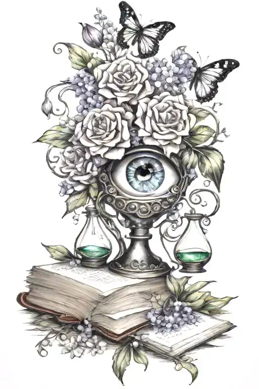 carnation, violet, daisy, lily of the valley, rose, eye, book, hourglass, vines tattoo design idea