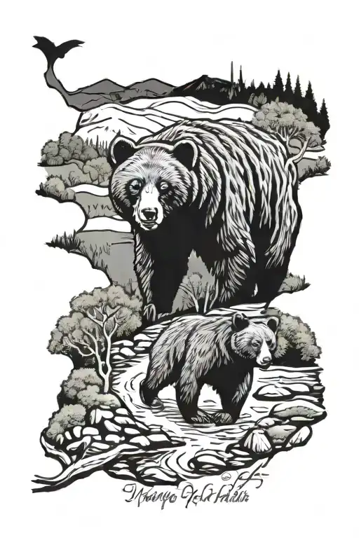 West Virginia Hills, Black Bear, New River Gorge Bridge, Stream, with the words "country roads take me home" tattoo design idea