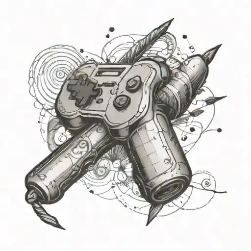 A unique tattoo of a video game controller entwined with a quill pen, symbolizing the client's love for gaming and poetry tattoo design idea