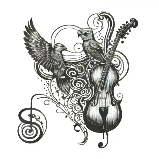 A tattoo design of a musical staff with animal silhouettes and romantic phrases, representing the client's love for music, animals, and his girlfriend tattoo design idea