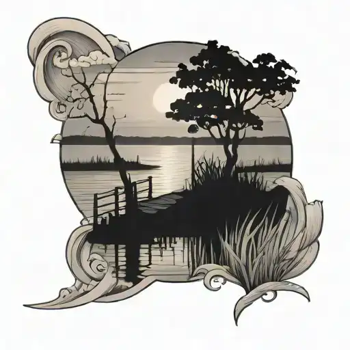 marsh with a dock and the sunset tattoo design idea