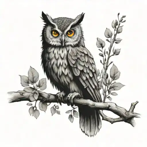 A tattoo of a wise owl perched on a branch, with a subtle grey wolf silhouette in the background, done in black-grey style tattoo design idea