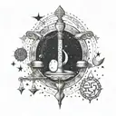 A celestial-themed tattoo combining the symbols of Libra and Aquarius, with intricate dotwork detailing tattoo design idea