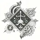 A celestial-themed tattoo combining the symbols of Libra and Aquarius, with intricate dotwork detailing tattoo design idea