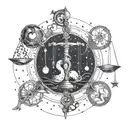 A celestial-themed tattoo combining the symbols of Libra and Aquarius, with intricate dotwork detailing tattoo design idea