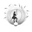 female carrying barb wire ball over head with arrows shot in her back tattoo design idea