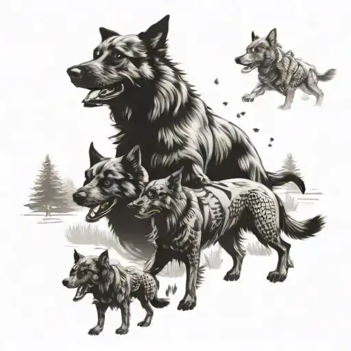 Create a tattoo of a pack of dogs racing through a forest tattoo design idea