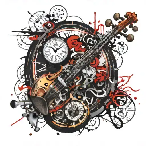 Violin instrument with old clock  tattoo design idea