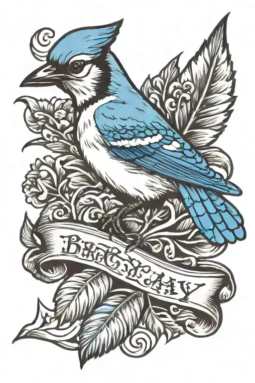 blue jay tattoo with scroll on the bottom that says Brittany  tattoo design idea