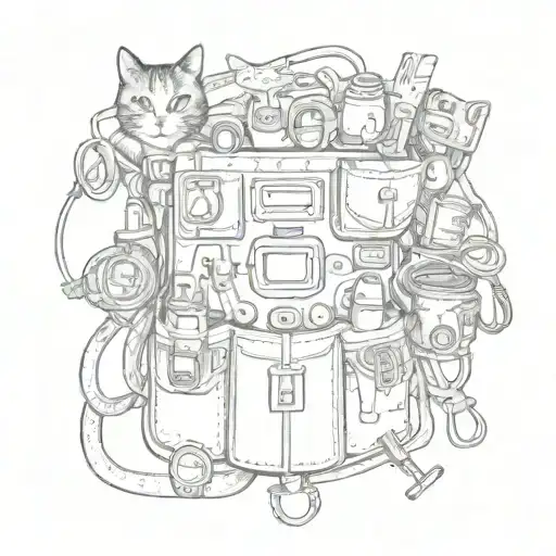An electrician's tool belt adorned with cat-themed charms and symbols, showcasing a love for both work and pets tattoo design idea