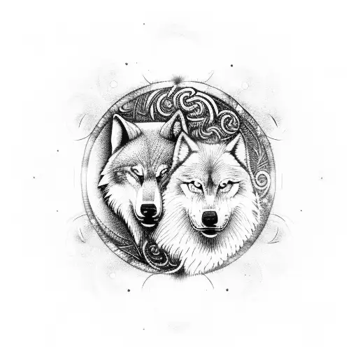 Skoll and Hati, the wolf brothers from Norse mythology, depicted in a mesmerizing dotwork design with the sun and moon in the background. tattoo design idea