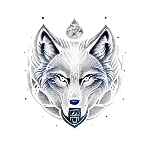 Skoll and Hati, the wolf brothers from Norse mythology, depicted in a mesmerizing dotwork design with the sun and moon in the background. tattoo design idea