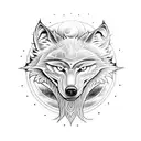 Skoll and Hati, the wolf brothers from Norse mythology, depicted in a mesmerizing dotwork design with the sun and moon in the background. tattoo design idea