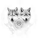 Skoll and Hati, the wolf brothers from Norse mythology, depicted in a mesmerizing dotwork design with the sun and moon in the background. tattoo design idea