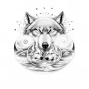 Skoll and Hati, the wolf brothers from Norse mythology, depicted in a mesmerizing dotwork design with the sun and moon in the background. tattoo design idea