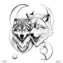 Skoll and Hati, the wolf brothers from Norse mythology, depicted in a mesmerizing dotwork design with the sun and moon in the background. tattoo design idea
