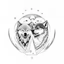 Skoll and Hati, the wolf brothers from Norse mythology, depicted in a mesmerizing dotwork design with the sun and moon in the background. tattoo design idea