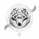 Skoll and Hati, the wolf brothers from Norse mythology, depicted in a mesmerizing dotwork design with the sun and moon in the background. tattoo design idea