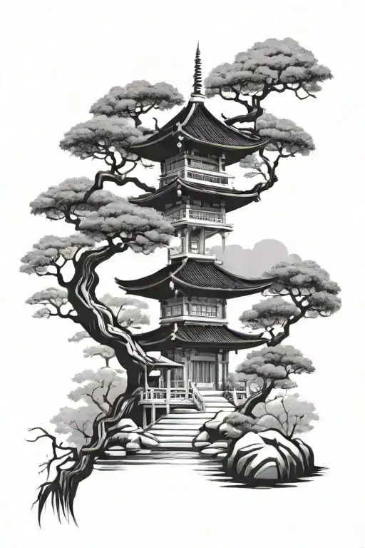 Japanese garden with temple surrounded tattoo design idea