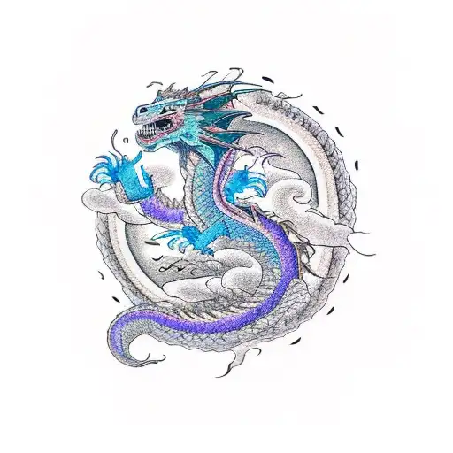 A mystical dragon emerging from a swirling cloud of smoke, with intricate Japanese art-inspired patterns adorning its scales. tattoo design idea