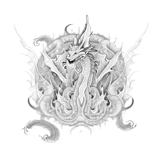 A mystical dragon emerging from a swirling cloud of smoke, with intricate Japanese art-inspired patterns adorning its scales. tattoo design idea