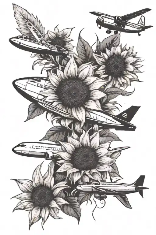 Make a minimalistic vertical postage stamp tattoo design with sunflowers at the bottom and a modern airplane flying over tattoo design idea