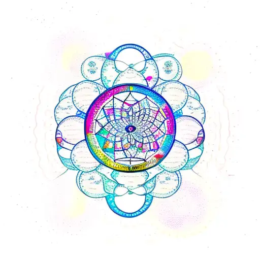 A dreamcatcher with phases of the moon hanging from it, surrounded by African tribal symbols tattoo design idea