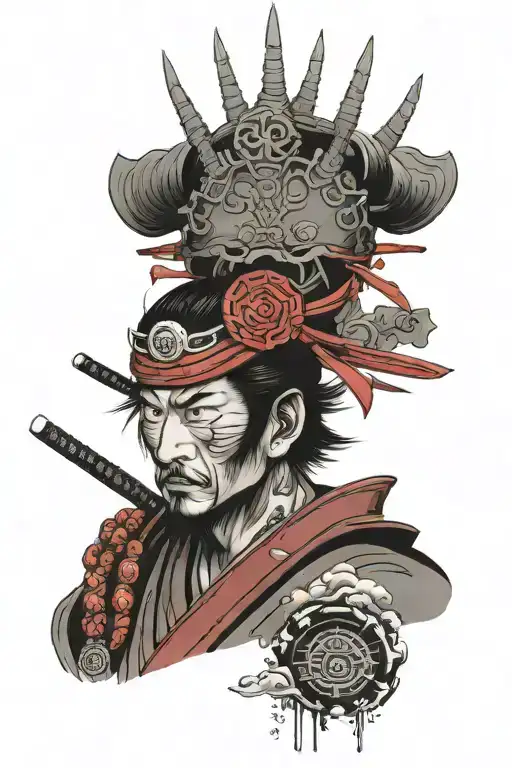 samurai warrior + crown with sharingan eye + mountain tattoo design idea