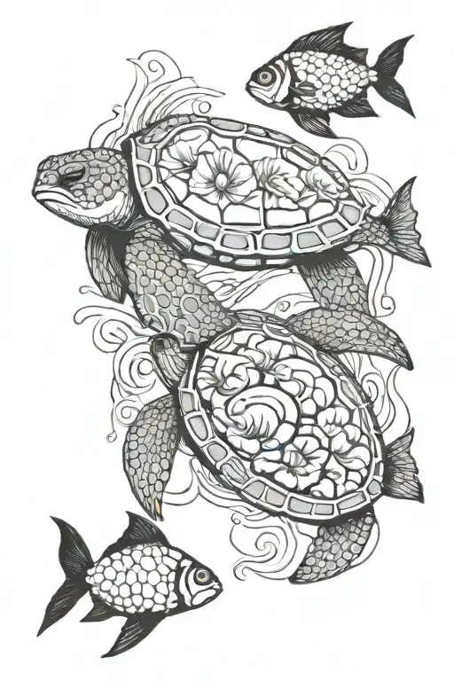 ocean and mantaray an anemone fish and turtle  tattoo design idea