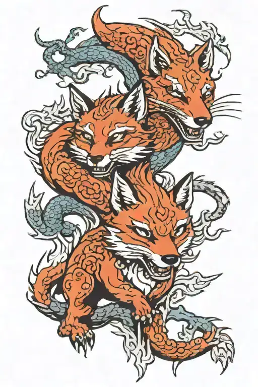 a fox in a Japanese demon mask, a dragon in the back and a tree tattoo design idea