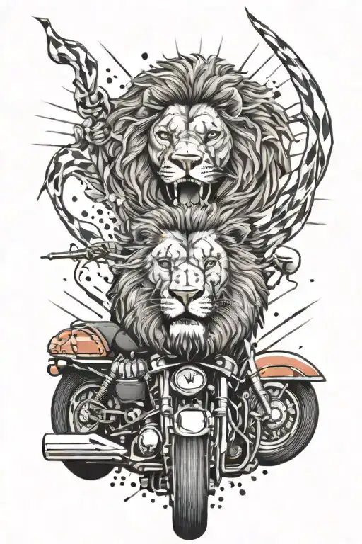 A dotwork design of a lion roaring in front of a Harley Davidson motorcycle, surrounded by lightning bolts and archery targets tattoo design idea