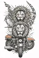 A dotwork design of a lion roaring in front of a Harley Davidson motorcycle, surrounded by lightning bolts and archery targets tattoo design idea