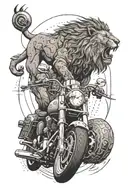 A dotwork design of a lion roaring in front of a Harley Davidson motorcycle, surrounded by lightning bolts and archery targets tattoo design idea