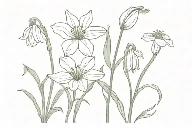 snowdrop, aster, morning glory and carnation wild flower field  tattoo design idea