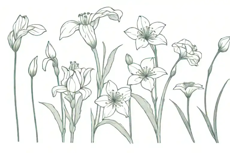 snowdrop, aster, morning glory and carnation wild flower field  tattoo design idea