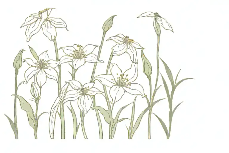 snowdrop, aster, morning glory and carnation wild flower field with grass tattoo design idea