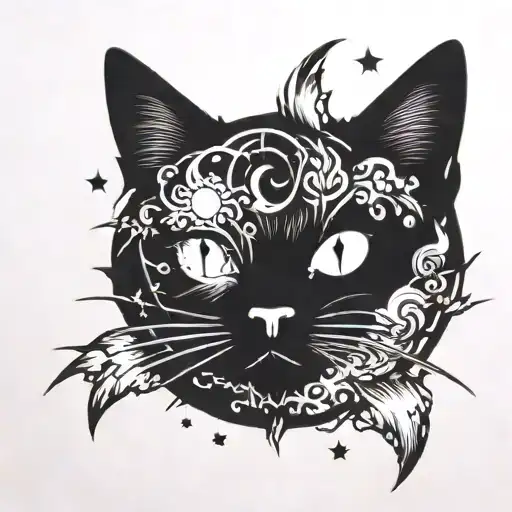 a cat silhoutte with an exploding nova inside surrounded tattoo design idea