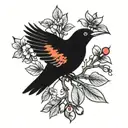 cherry branch with an Australian bird standing on it looking north and another Australian bird flying tattoo design idea