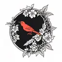 cherry branch with an Australian bird standing on it looking north and another Australian bird flying tattoo design idea