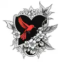 cherry branch with an Australian bird standing on it looking north and another Australian bird flying tattoo design idea