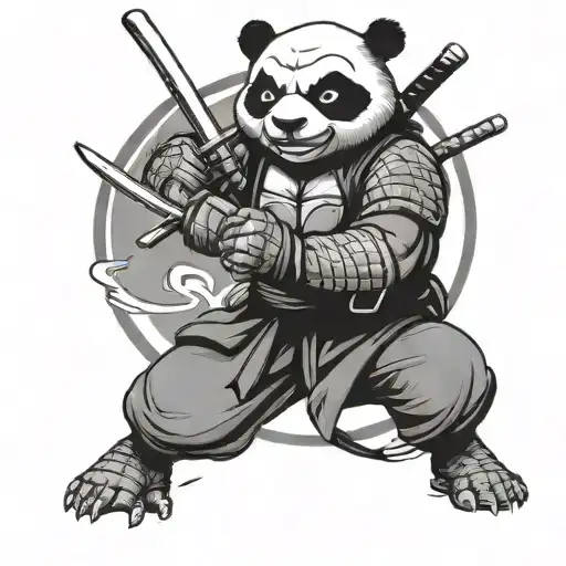 ninja panda wearing ninja turtles shell doing karaté jump kick and holding katana in hands tattoo design idea