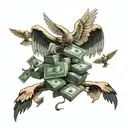 A stack of cash with wings flying towards a golden city skyline tattoo design idea